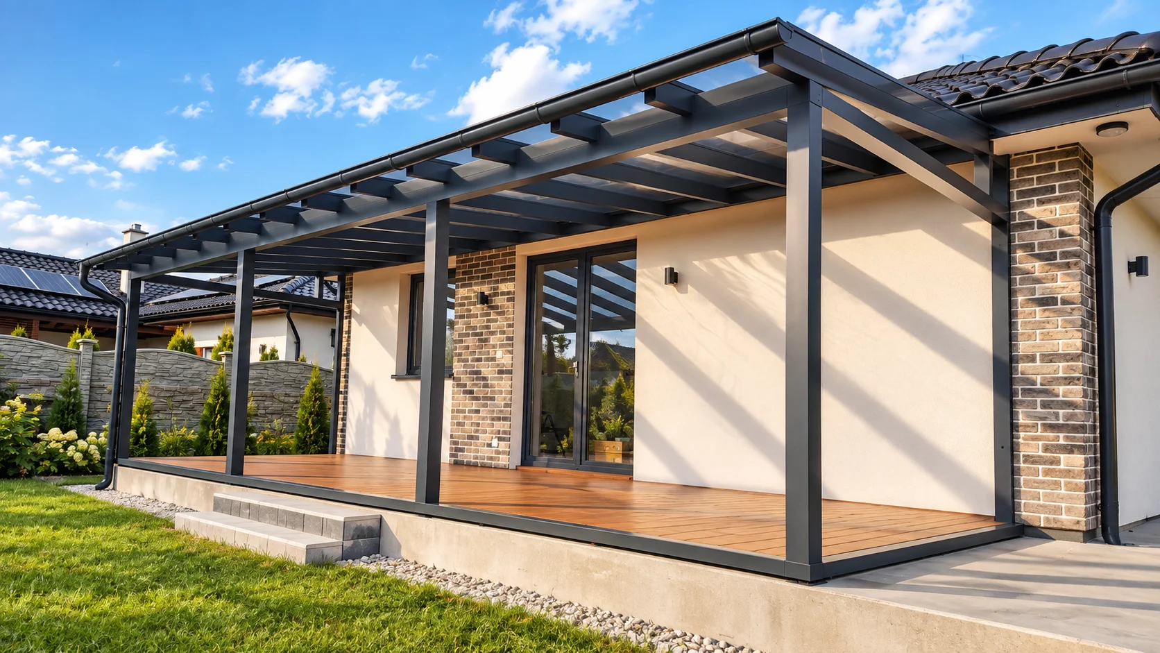 Alu-Terrassenüberdachung mit Holzboden